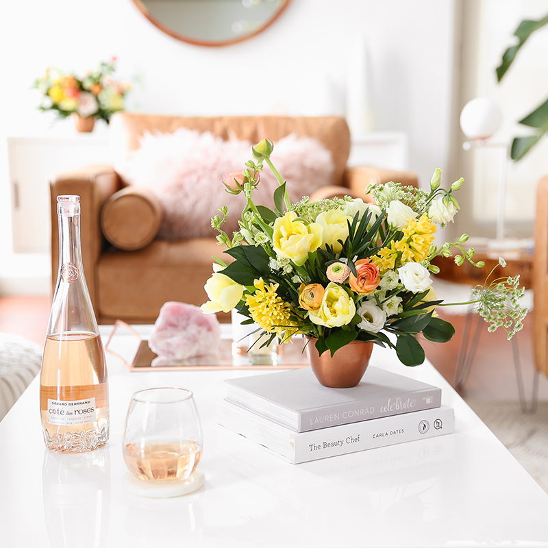 How to Unite a Space With Flowers | A Cheerful Spring Arrangement featuring Hyacinths, Double tulips, Ranunculus, Larkspur, Queen Anne’s Lace, Quicksand roses, Lisianthus, Camellia, Willow Eucalyptus and Podocarpus created by Rebecca Dawn Design // JustineCelina.com