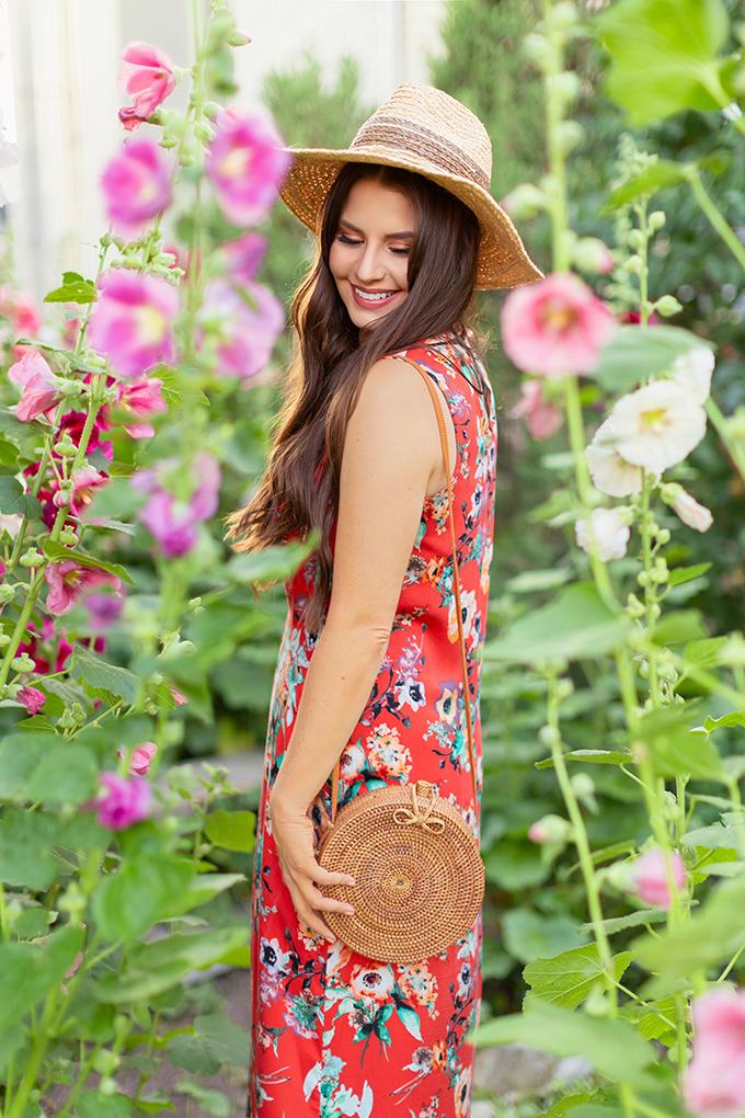 What to Wear To | A Garden Party // What is Garden Party Attire? | What to Wear to Garden Parties or Outdoor Summer Weddings | 3rd Floor Studio’s Ingrid Dress | Bali Harvest Round Woven Rattan Bag | Calgary, Alberta Fashion Blogger // JustineCelina.com