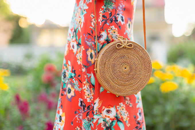 What to Wear To | A Garden Party // What is Garden Party Attire? | What to Wear to Garden Parties or Outdoor Summer Weddings | 3rd Floor Studio’s Ingrid Dress | Bali Harvest Round Woven Rattan Bag // JustineCelina.com