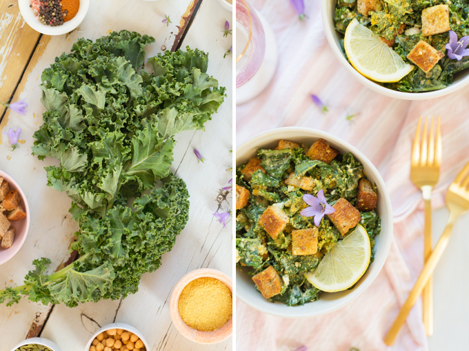 #Vegan Kale Caesar Salad with #GlutenFree Croutons | The Best Vegan Kale Ceasar Salad Recipe | Healthy, #PlantBased Summer Recipes | #MeatlessMonday // JustineCelina.com 