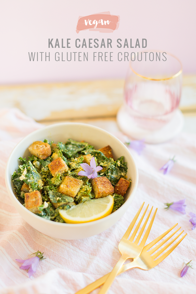 #Vegan Kale Caesar Salad with #GlutenFree Croutons | The Best Vegan Kale Ceasar Salad Recipe | Healthy, #PlantBased Summer Recipes | #MeatlessMonday // JustineCelina.com