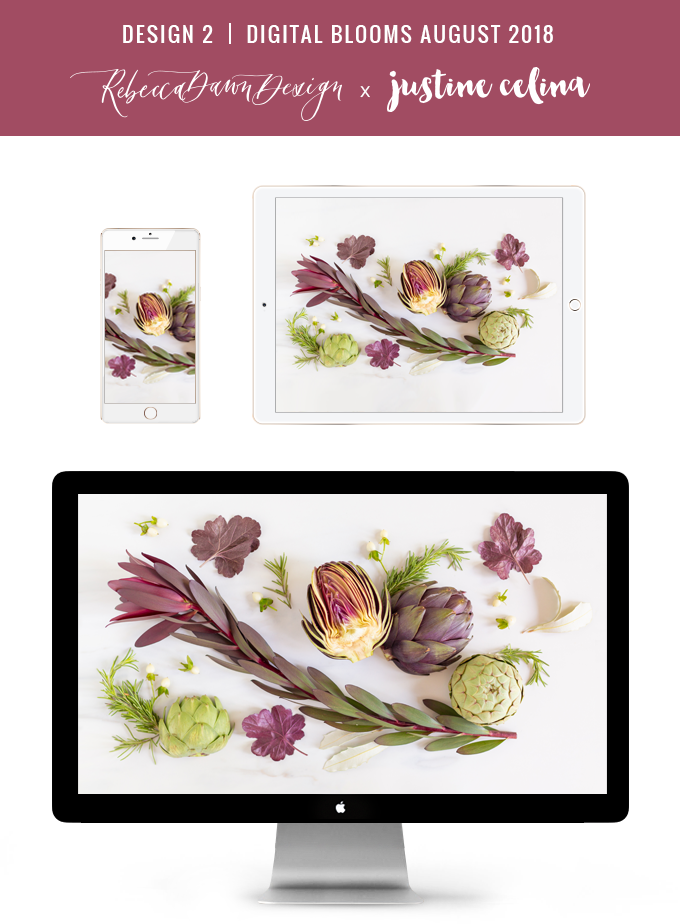 Digital Blooms August 2018 | Free Desktop Wallpapers for Spring and Summer with Artichokes, Rosemary, Berries and Quicksand Roses | Design 2 // JustineCelina.com x Rebecca Dawn Design