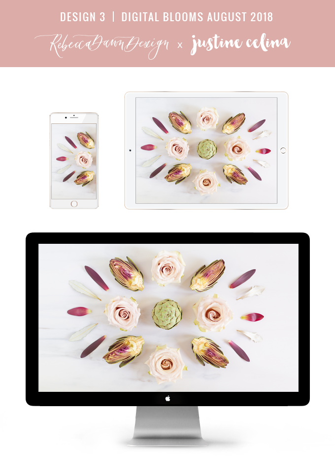 Digital Blooms August 2018 | Free Desktop Wallpapers for Spring and Summer with Artichokes, Rosemary, Berries and Quicksand Roses | Design 3 // JustineCelina.com x Rebecca Dawn Design