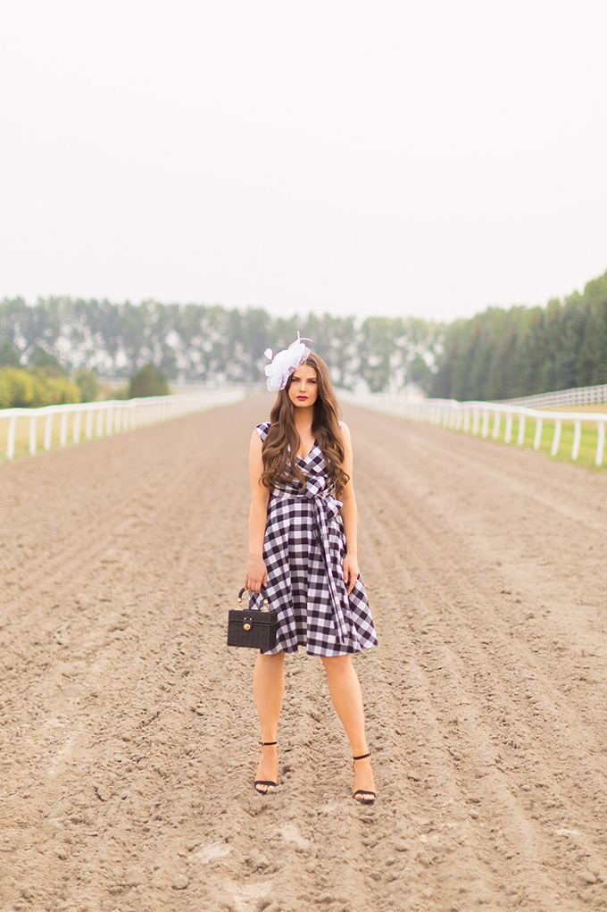 What to Wear to | A Horse Race // Horses in Alberta, Canada | Calvin Klein Gingham Wrap Dress |Calgary Fashion & Lifestyle Blogger // JustineCelina.com