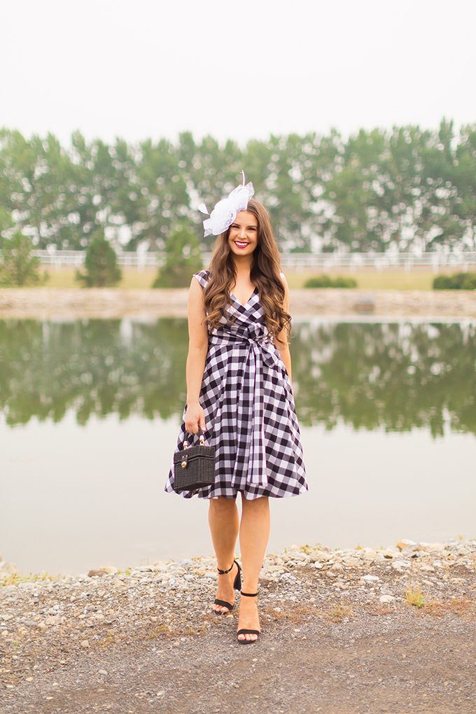 What to Wear to | A Horse Race // Horses in Alberta, Canada | Calvin Klein Gingham Wrap Dress |Calgary Fashion & Lifestyle Blogger // JustineCelina.com