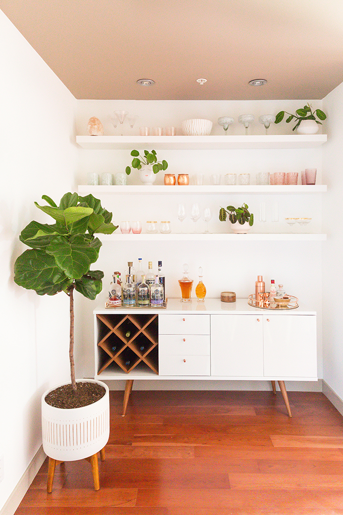 Our Dining Room Bar | A Built-In Look on a Budget | How I created our home bar for less than $1000 | Wayfair All Modern Lemington Wine Rack Sideboard Buffet Table Review | IKEA Lack Shelves to Create a Built in Bar // JustineCelina.com