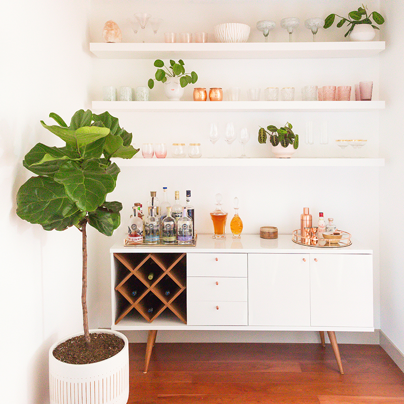 Our Dining Room Bar | A Built-In Look on a Budget | How I created our home bar for less that $1000 | Wayfair All Modern Lemington Wine Rack Sideboard Buffet Table Review | IKEA Lack Shelves to Create a Built in Bar // JustineCelina.com