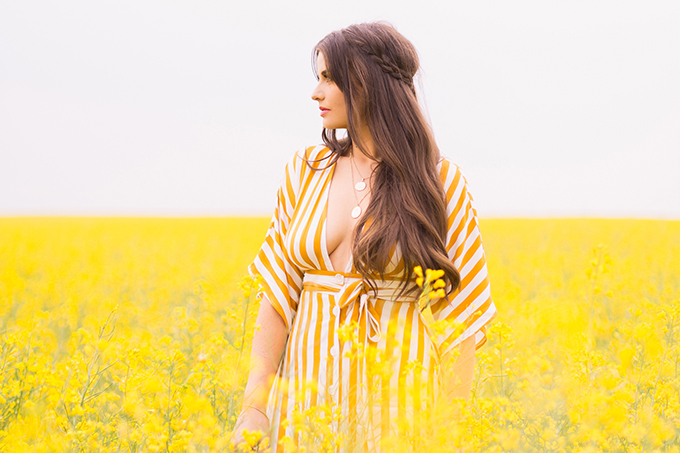 Pattern Play | Stripes | How to Style Stripes for Summer 2018 | The Best Striped Dresses 2018 | Mustard Striped Button Down Dress | Woman in a field of Canola | Calgary Fashion Blogger | Canadian Fashion Blogger // JustineCelina.com