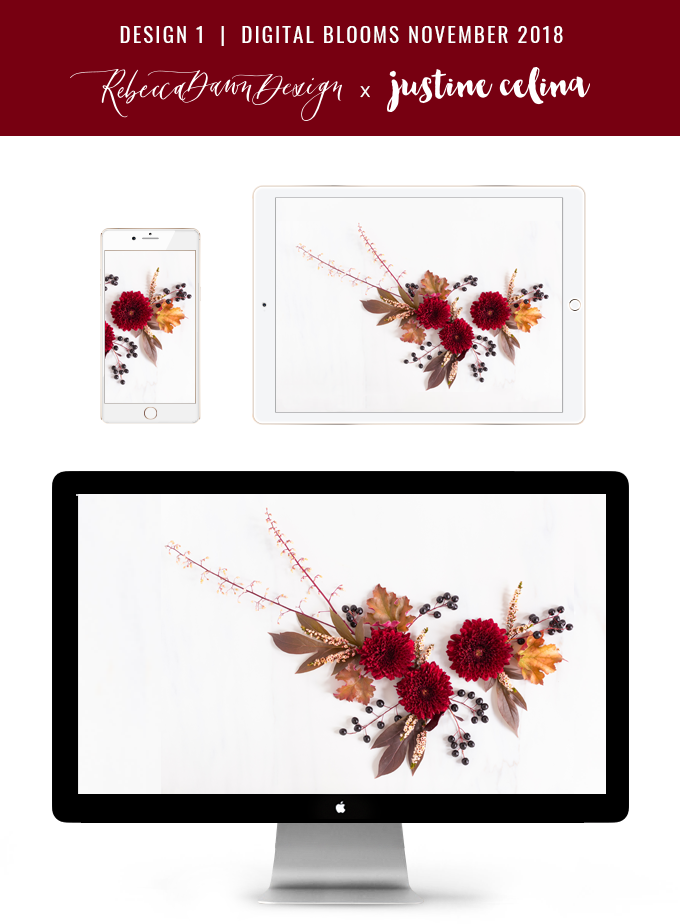 Digital Blooms November 2018 | Free Desktop Wallpapers for Fall with Mums, Thrytptomene and an array of foraged autumn leaves and berries | Pantone Fall / Winter 2018 Free Tech Wallpapers | Design 1 // JustineCelina.com x Rebecca Dawn Design