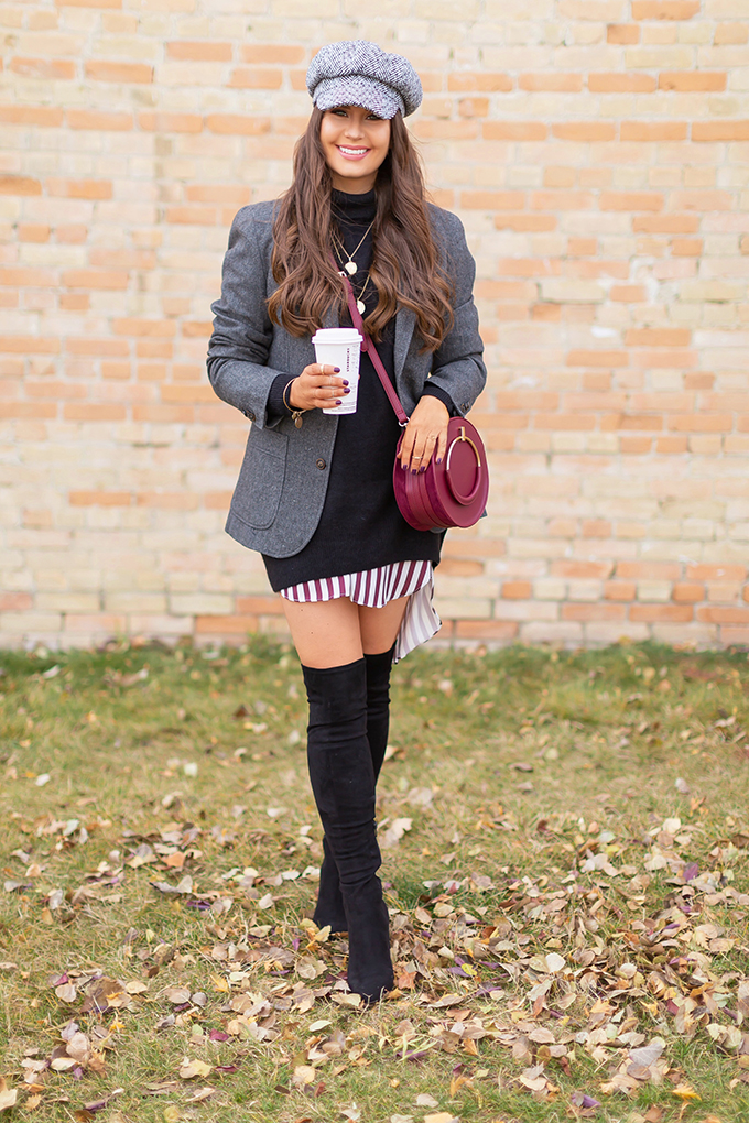 Autumn 2018 Lookbook | How to Style Boyfriend Blazer | Tweed Boyfriend Blazer with Black Sweater Dress and Baker Boy Hat | Autumn 2018 Trends | JustineCelina.com 