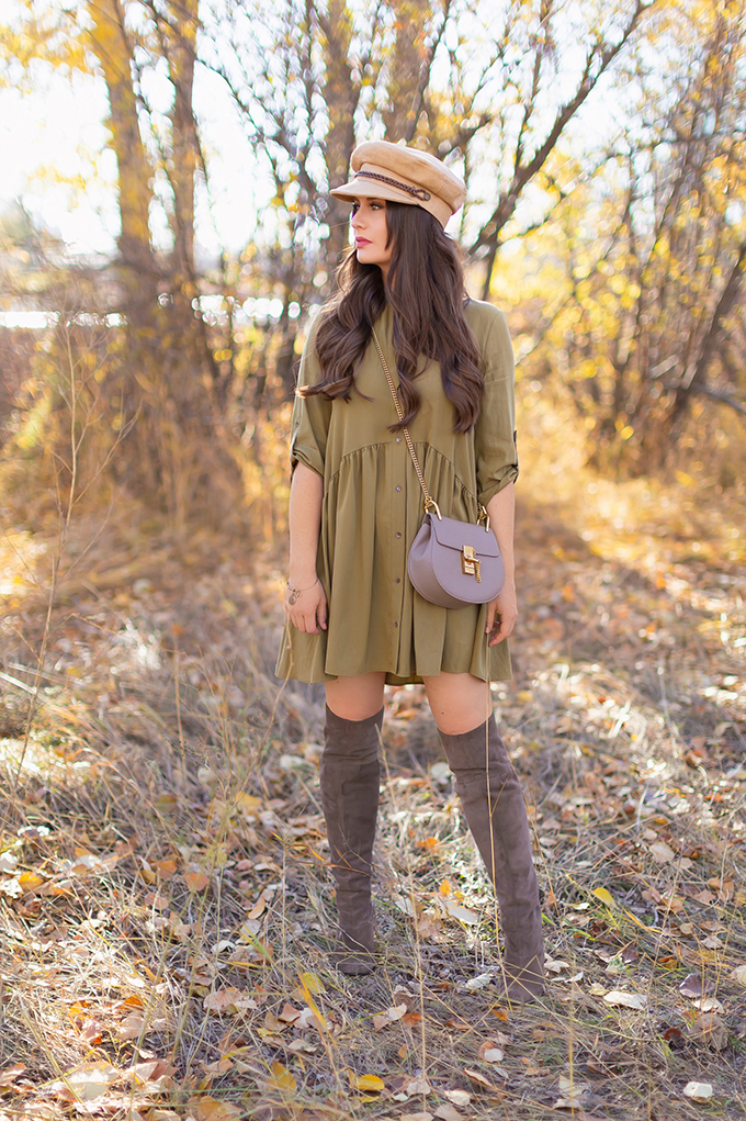 Autumn 2018 Lookbook | Olive Dress with Grey Over The Knee Boots and Baker Boy Hat | Autumn 2018 Trends | Grey Chloe Drew Dupe | JustineCelina.com 