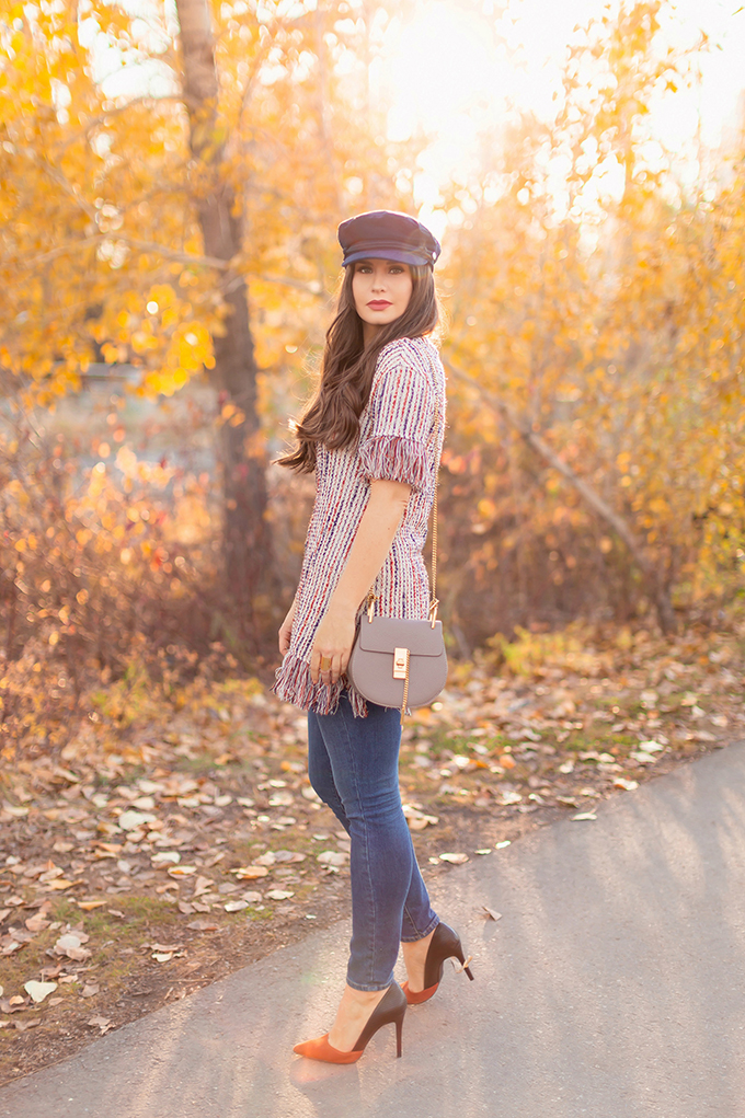 Autumn 2018 Lookbook | Fringe Top, Skinny Jeans and Baker Boy Hat | Grey Chloe Faye Dupe | Autumn 2018 Trends | JustineCelina.com 