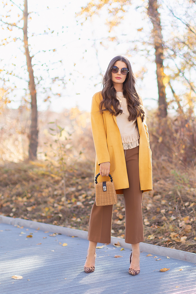 Autumn 2018 Lookbook | How to Style Culottes for the Office | Brown 70’s Style Culottes with Mustard Jacket, Fringe Top, Woven Bag and Leopard Heels | Autumn 2018 Trends | JustineCelina.com