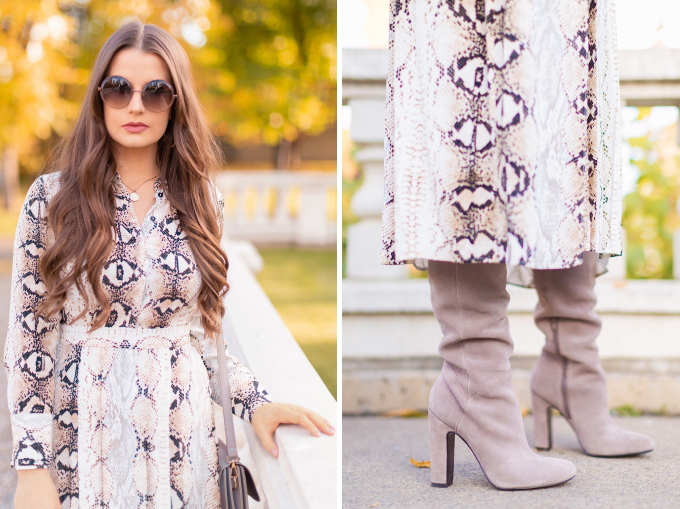 Pattern Play | Snakeskin | Topshop Snake Print Pleated Shirt Dress with Slouchy Boots and Vintage Suede Trenchcoat | Grey Chloe Faye Dupe | Autumn 2018 Trends | The Hottest Prints for Autumn / Winter 2018 and How to Style Them // JustineCelina.com