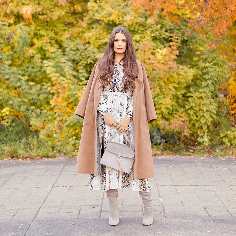 Pattern Play | Snakeskin | Topshop Snake Print Pleated Shirt Dress with Slouchy Boots and Vintage Suede Trenchcoat | Grey Chloe Faye Dupe | Autumn 2018 Trends | The Hottest Prints for Autumn / Winter 2018 and How to Style Them // JustineCelina.com