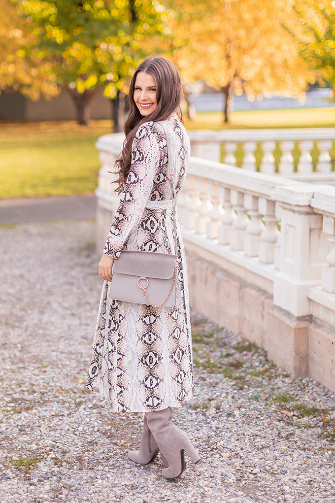 Pattern Play | Snakeskin | Topshop Snake Print Pleated Shirt Dress with Slouchy Boots and Vintage Suede Trenchcoat | Grey Chloe Faye Dupe | Autumn 2018 Trends | The Hottest Prints for Autumn / Winter 2018 and How to Style Them // JustineCelina.com