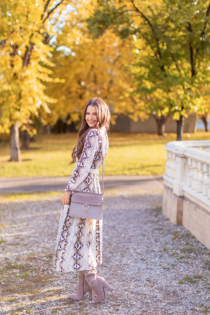 Pattern Play | Snakeskin | Topshop Snake Print Pleated Shirt Dress with Slouchy Boots and Vintage Suede Trenchcoat | Grey Chloe Faye Dupe | Autumn 2018 Trends | The Hottest Prits for Autumn / Winter 2018 and How to Style Them // JustineCelina.com