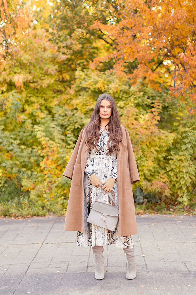 Pattern Play | Snakeskin | Topshop Snake Print Pleated Shirt Dress with Slouchy Boots and Vintage Suede Trenchcoat | Grey Chloe Faye Dupe | Autumn 2018 Trends | The Hottest Prints for Autumn / Winter 2018 and How to Style Them // JustineCelina.com