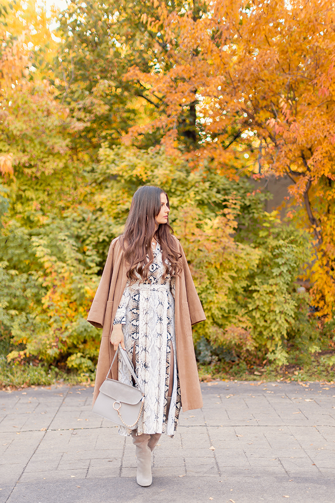 Pattern Play | Snakeskin | Topshop Snake Print Pleated Shirt Dress with Slouchy Boots and Vintage Suede Trenchcoat | Grey Chloe Faye Dupe | Autumn 2018 Trends | The Hottest Prints for Autumn / Winter 2018 and How to Style Them // JustineCelina.com