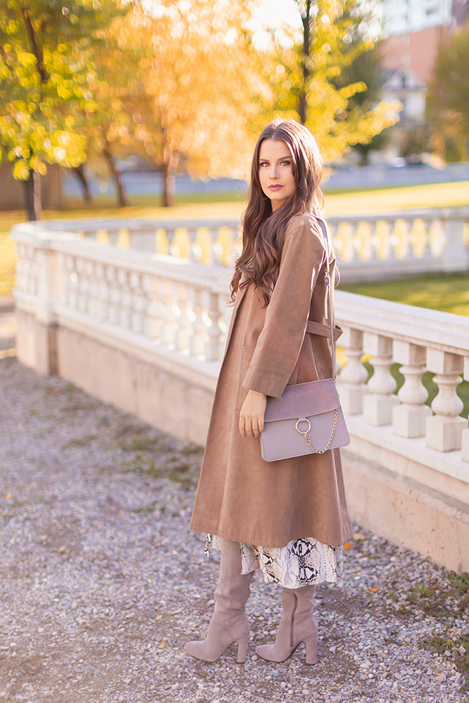 Pattern Play | Snakeskin | Topshop Snake Print Pleated Shirt Dress with Slouchy Boots and Vintage Suede Trenchcoat | Grey Chloe Faye Dupe | Autumn 2018 Trends | The Hottest Prints for Autumn / Winter 2018 and How to Style Them // JustineCelina.com