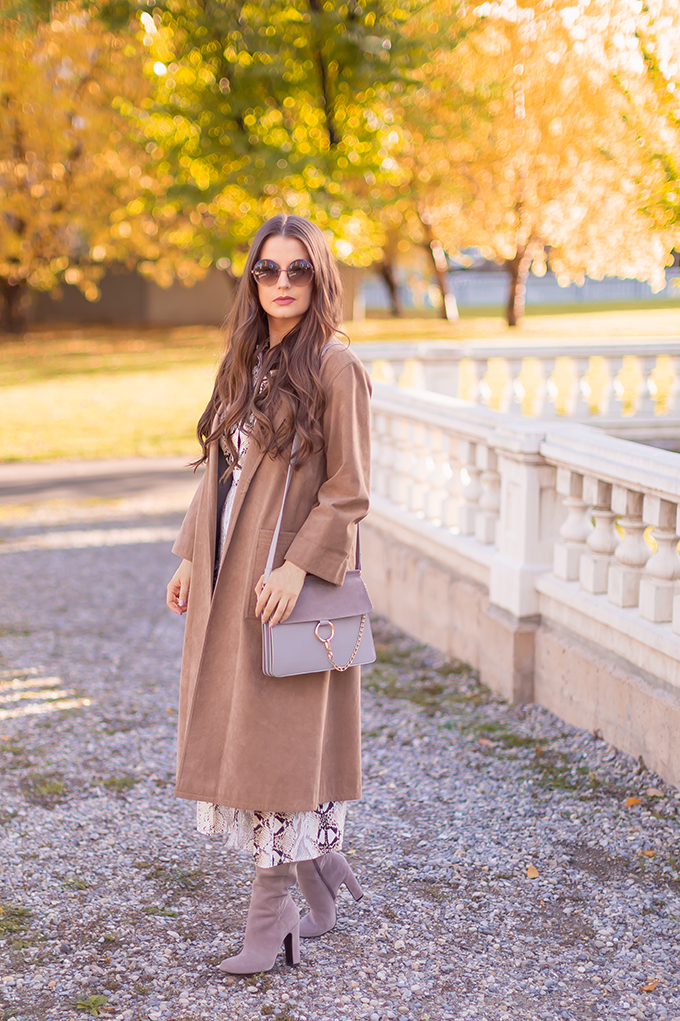 Pattern Play | Snakeskin | Topshop Snake Print Pleated Shirt Dress with Slouchy Boots and Vintage Suede Trenchcoat | Grey Chloe Faye Dupe | Autumn 2018 Trends | The Hottest Prints for Autumn / Winter 2018 and How to Style Them // JustineCelina.com