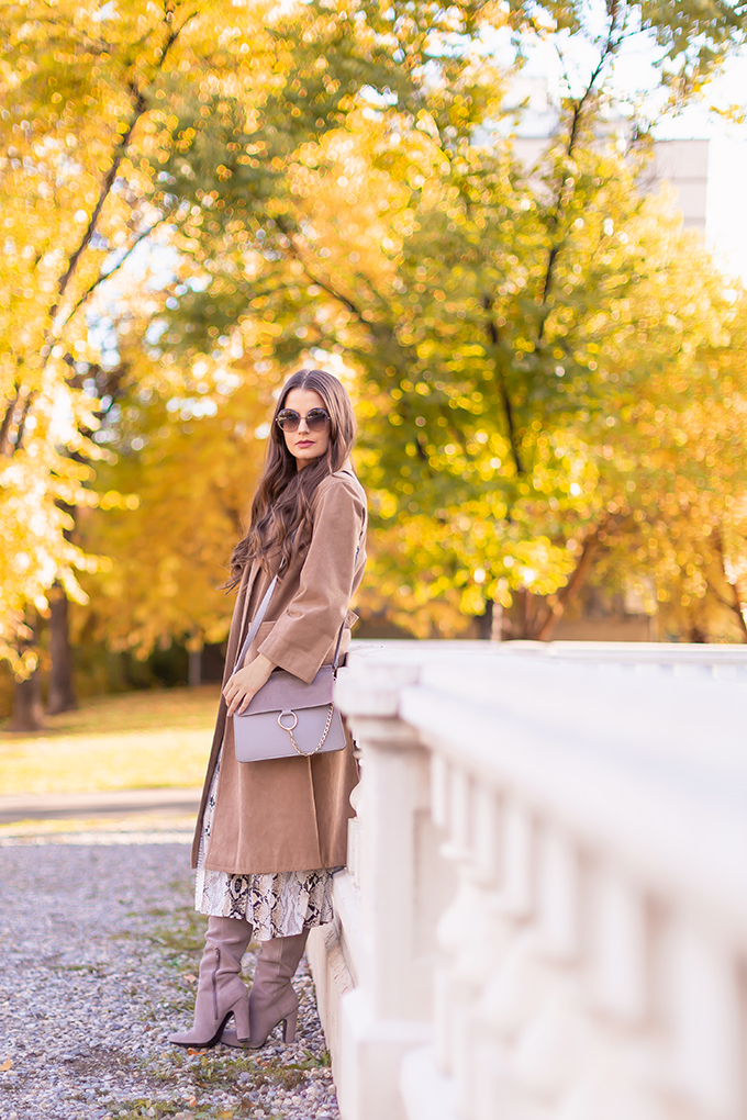 Pattern Play | Snakeskin | Topshop Snake Print Pleated Shirt Dress with Slouchy Boots and Vintage Suede Trenchcoat | Grey Chloe Faye Dupe | Autumn 2018 Trends | The Hottest Prints for Autumn / Winter 2018 and How to Style Them // JustineCelina.com