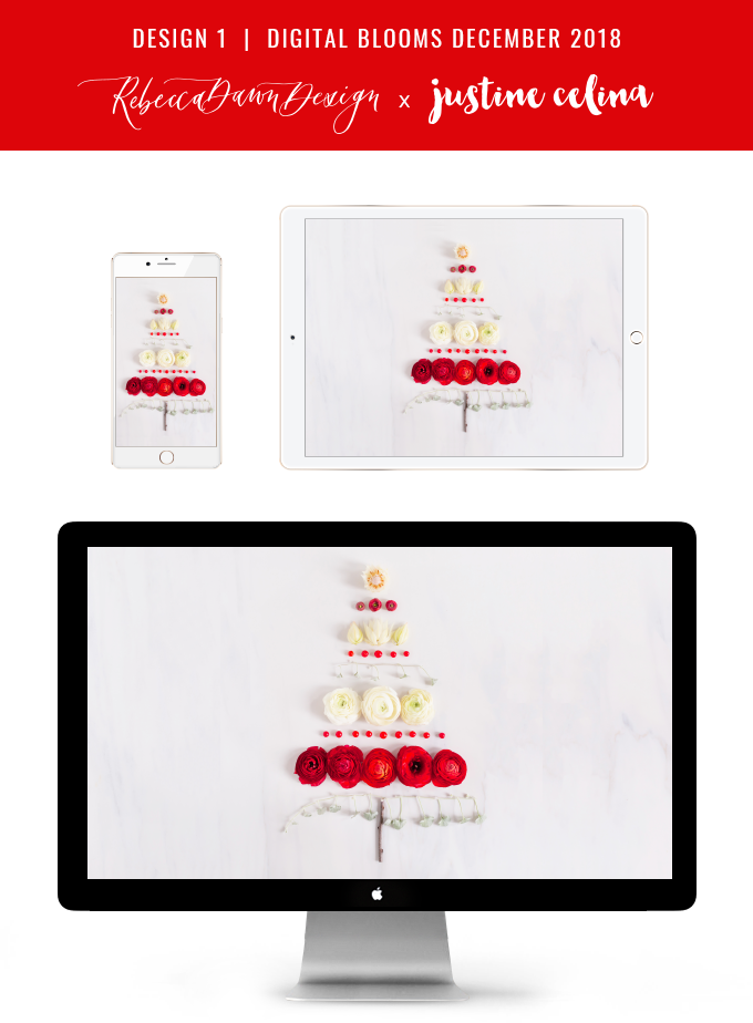 Digital Blooms December 2018 | Free Holiday Floral Desktop Wallpapers | A Whimsical Christmas Tree Made from Flowers, Berries and Twigs | Pantone Fall / Winter 2018 Free Tech Wallpapers | Design 1 // JustineCelina.com x Rebecca Dawn Design