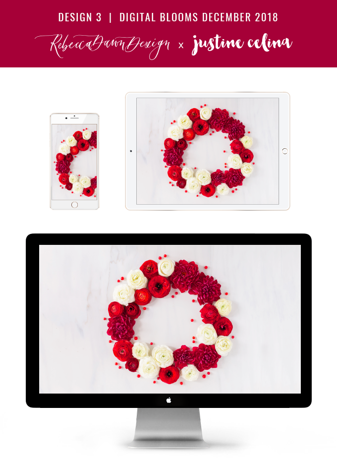 Digital Blooms December 2018 | Free Holiday Floral Desktop Wallpapers | A Festive, Red Christmas Wreath made with Ranunculus, Chrysanthemums, Berries and Twigs | Pantone Fall / Winter 2018 Free Tech Wallpapers | Design 3 // JustineCelina.com x Rebecca Dawn Design