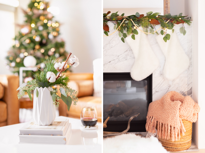 Apartment Friendly Modern Holiday Decor | Canadian Tire CANVAS Pre-lit Eucalyptus Leaves Garland with added greenery, magnolia leaves and wooden beads | Marble Fireplace | Bohemian, Mid Century Modern Holiday Decor | Simple Holiday Arrangement on a Coffee Table with Greenery and Cotton Stems | Bohemian, Mid Century Modern Holiday Decor | Bohemian Holiday Home Tour 2018 | Caramel Mid Century Modern Leather Couches | Canadian Tire CANVAS Ornaments // JustineCelina.com 