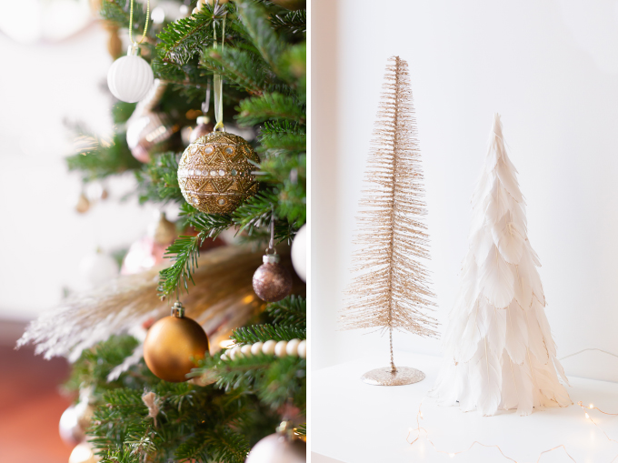 Apartment Friendly Modern Holiday Decor | Real Christmas Tree with Wood Garland, Metallic and Wood Ornaments and Pampas Grass | Premium Nova Scotia Balsam Fir Tree | Bohemian, Mid Century Modern Holiday Decor | Bohemian Holiday Home Tour 2018 | Canadian Tire CANVAS Ornaments // JustineCelina.com