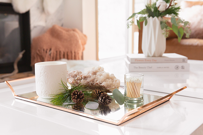 Apartment Friendly Modern Holiday Decor | Simple Holiday Coffee Table with Candles, Quartz, Fresh Greenery and Pinecones | Bohemian, Mid Century Modern Holiday Decor | Bohemian Holiday Home Tour 2018 | Canadian Tire CANVAS Ornaments // JustineCelina.com 