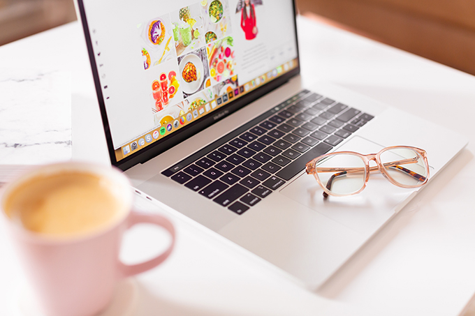 2018 Review + 2019 Goals | Calgary Lifestyle Blogger | 2019 Planning and Goal Setting | Entrepreneur Working from Home | MacBook Pro Laptop |  Nespresso Coffee on a White Coffee Table | 2019 Motivational Goals Flatlay | Bonlook Lauren Blue Light Blocking Glasses In Peach // JustineCelina.com