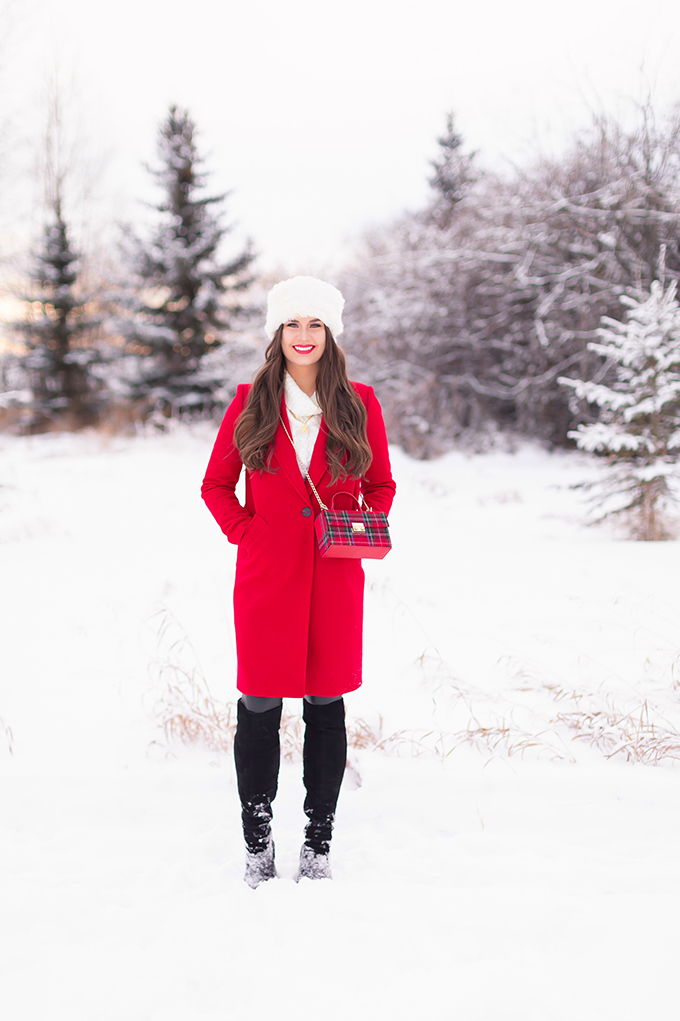 2018 Review + 2019 Goals | Calgary Lifestyle Blogger | Festive, Casual Holiday Outfit with a Red Coat | Brunette Girl Smiling in a Red Coat and a Faux Fur Headband | Lancome Matte Shaker in Red-y in 5 // JustineCelina.com