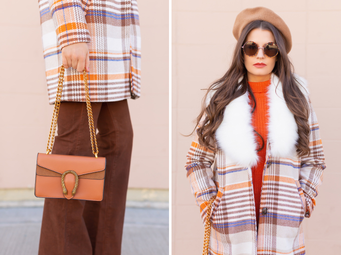Winter 2019 Lookbook | Apres Ski: A fun, 70’s Inspired Look | How to Style Flared Jeans for Winter | A plaid coat with a faux fr collar styled with an orange knit sweater, brown flared jeans, velvet ankle booties and a Brown Gucci Dionysus Small Shoulder Bag | Bohemian Winter Style Ideas | How to Wear the 70’s Trend in 2019 | Calgary, Alberta, Canada Fashion & Lifestyle Blogger // JustineCelina.com