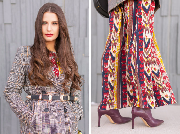 Winter 2019 Lookbook | Belted Blazer: How to Style Maxi Dresses for Winter | Brunette Girl wearing an ikat maxi dress, Checked Boyfriend Blazer, Black Chloe Tess Dupe the Artisan Anything Lara Leather Crossbody In Black, burgundy leather sock boots and a double buckle western belt | Bohemian Winter Style Ideas | Pantone Spring Summer 2019 Fashion Ideas | Creative Professional Outfit Ideas | Calgary, Alberta, Canada Fashion & Lifestyle Blogger // JustineCelina.com