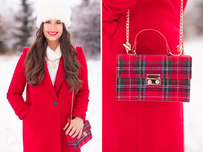 Festive, Casual Holiday Outfit with a Red Coat | Christmas Day Outfit Ideas | Brunette Girl Smiling in a Red Coat and a Faux Fur Headband with Joe Fresh Faux Leather Leggings, Black Suede OTK Boots and a Tartan Box Bag | Lancome Matte Shaker in Red-y in 5 // JustineCelina.com