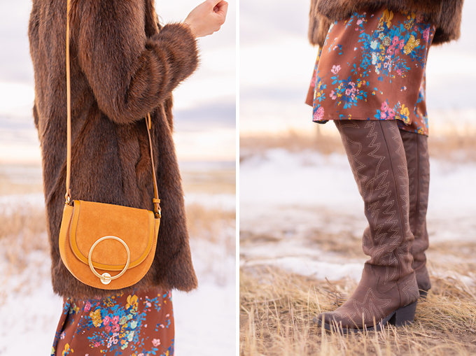 Winter 2019 Lookbook | Bohemian Rhapsody: How to Style Midi Dresses for Winter | Brunette Girl Standing in a Country Field at Sunrise Wearing a Brown Floral Dress, Faux Fur Coat, Brown Wide Brim Hat, Western OTK Boots and a Mustard Cross Body Bag | Bohemian Winter Style Ideas | Pantone Spring Summer 2019 Fashion Ideas | Calgary, Alberta, Canada Fashion & Lifestyle Blogger // JustineCelina.com