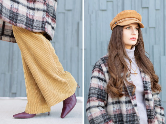 Winter 2019 Lookbook | Casual Corduroy: A cozy, business professional outfit | Topshop Checked Wool Coat with a Saks 5th Avenue Cashmere Tunic, Corduroy Pyjama Pants, Chocolate Sock Boots, a  croc-embossed crossbody bag and a camel corduroy baker boy hat | Stylish Winter 2019 Outfit Ideas | Cool Girl Winter Outfit Ideas // Calgary, Alberta, Canada Fashion & Lifestyle Blogger // JustineCelina.com