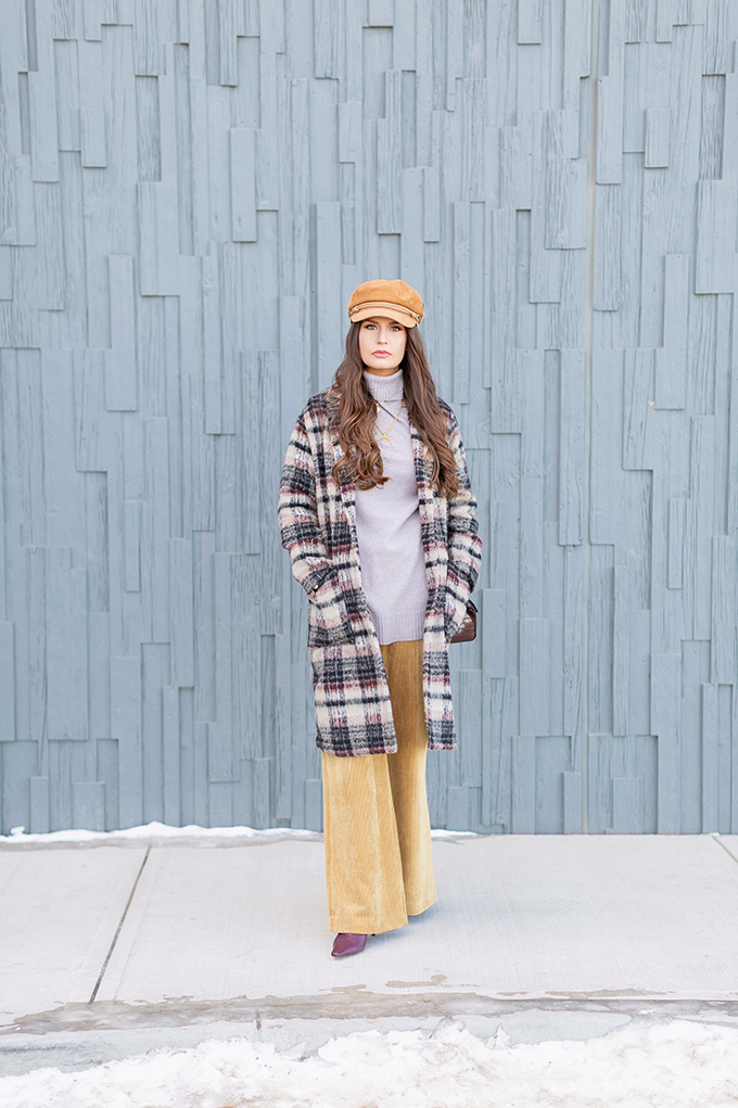 Winter 2019 Lookbook | Casual Corduroy: A cozy, business professional outfit | Topshop Checked Wool Coat with a Saks 5th Avenue Cashmere Tunic, Corduroy Pyjama Pants, Chocolate Sock Boots, a  croc-embossed crossbody bag and a camel corduroy baker boy hat | Stylish Winter 2019 Outfit Ideas | Cool Girl Winter Outfit Ideas // Calgary, Alberta, Canada Fashion & Lifestyle Blogger // JustineCelina.com