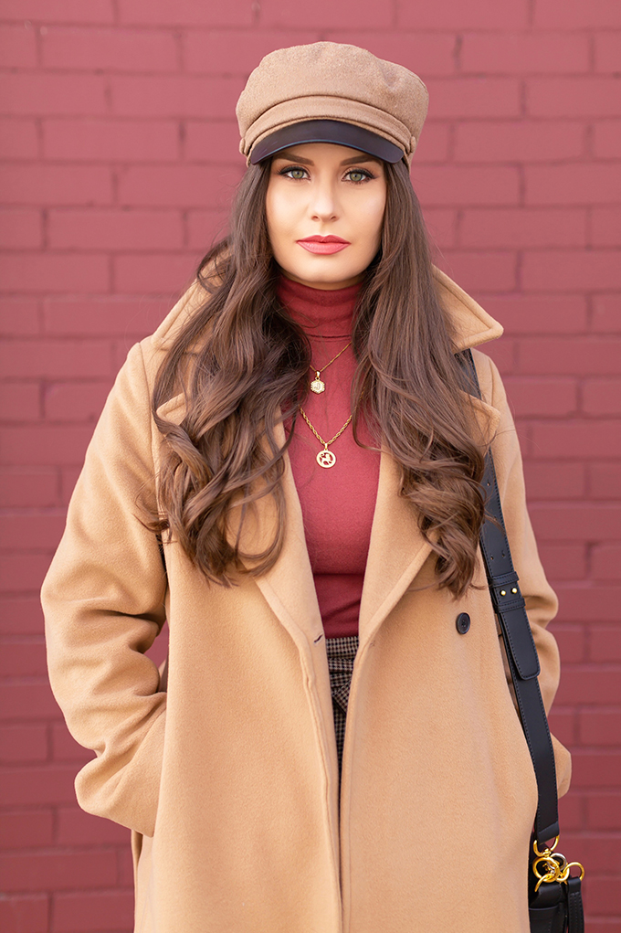 Winter 2019 Lookbook | Cozy Chic: My Go-To Polished Winter Outfit for Cold Weather | Aritzia Babaton Robbie Wool Coat Long styled with a Pantone Living Coral Turtle Neck, a Tweed and Leather TopShop Baker Boy Hat and Layered Gold House of Vi Jewellery | Stylish Winter 2019 Outfit Ideas | Cool Girl Winter Outfit Ideas // Calgary, Alberta, Canada Fashion & Lifestyle Blogger // JustineCelina.com