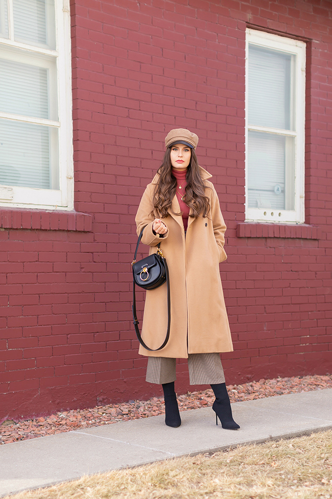 Winter 2019 Lookbook | Cozy Chic: My Go-To Polished Winter Outfit for Cold Weather | Aritzia Babaton Robbie Wool Coat Long styled with a Pantone Living Coral Turtle Neck, a Tweed and Leather TopShop Baker Boy Hat, Checked Culottes, Black Sock Boots, Artisan Anything Lara Leather Crossbody In Black (Amazing Chloe Tess Dupe!) and Layered Gold House of Vi Jewellery | Stylish Winter 2019 Outfit Ideas | Cool Girl Winter Outfit Ideas // Calgary, Alberta, Canada Fashion & Lifestyle Blogger // JustineCelina.com