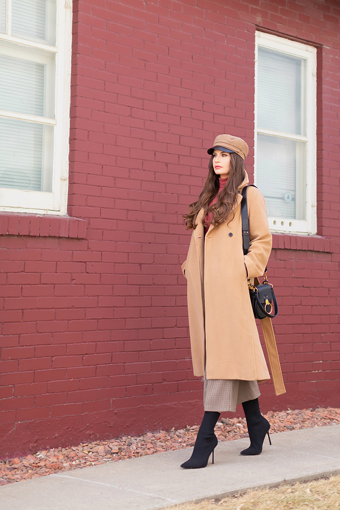 Winter 2019 Lookbook | Cozy Chic: My Go-To Polished Winter Outfit for Cold Weather | Aritzia Babaton Robbie Wool Coat Long styled with a Pantone Living Coral Turtle Neck, a Tweed and Leather TopShop Baker Boy Hat, Checked Culottes, Black Sock Boots, Artisan Anything Lara Leather Crossbody In Black (Amazing Chloe Tess Dupe!) and Layered Gold House of Vi Jewellery | Stylish Winter 2019 Outfit Ideas | Cool Girl Winter Outfit Ideas // Calgary, Alberta, Canada Fashion & Lifestyle Blogger // JustineCelina.com