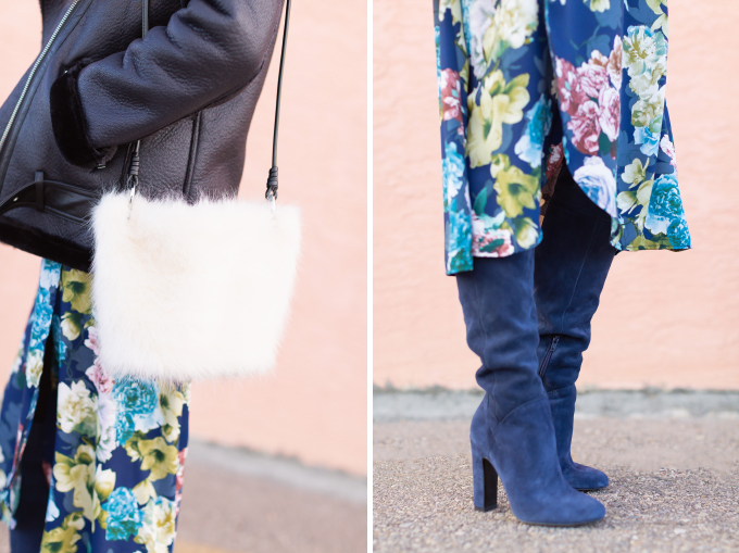 Winter 2019 Lookbook | Edgy Florals: How to Style Midi Skirts for Winter | 3rd Floor Studio Angie Skirt paired with Blue Maroco Women's Over-the-knee suede boots, a black turtleneck and a longline, lined biker jacket with a black velvet baker boy hat and a white faux fur bag | How to Style a Biker Jacket for Winter // JustineCelina.com