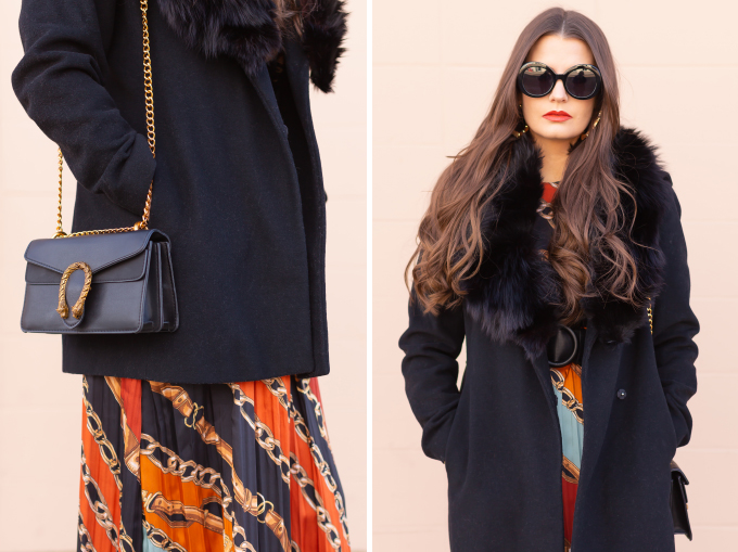 Winter 2019 Lookbook | In Chains: How to Style Midi Dresses for Winter | How to Style Chain Print | Brunette Girl wearing a chain print midi dress, a black wool coat with vintage fox fur collar, satin boots, black oval sunglasses and a black Gucci Dionysus Small Shoulder Bag | Bohemian Winter Style Ideas | Pantone Spring Summer 2019 Fashion Ideas | Winter Evening Outfit Ideas | Calgary, Alberta, Canada Fashion & Lifestyle Blogger // JustineCelina.com