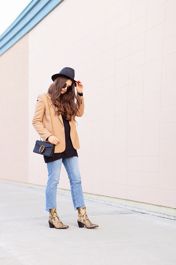 Winter 2019 Lookbook | Modern Western: How to Style Snakeskin Ankle Boots for Winter | Western Snakeskin Ankle Boots Styled With Cropped, Stem Hem Jeans, An Oversized Black Sweater, A Tan Boyfriend Blazer, a Black, Wide Brim Hat and a Gucci Dionysus Small Shoulder Bag | Bohemian Winter Style Ideas | How to Wear the Western Trend for 2019 | Calgary, Alberta, Canada Fashion & Lifestyle Blogger // JustineCelina.com
