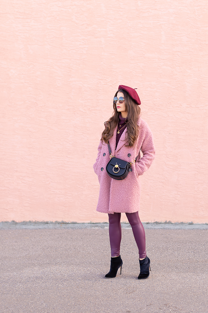 Winter 2019 Lookbook | Raspberry Beret: My Favourite Warm, Comfortable Outfit Formula | Topshop Blush Teddt Coat Styled with a Wool Raspberry Beret, H&M burgundy sweater, Burgundy Joe Fresh Leather Leggings, Velvet Ankle Booties and the Artisan Anything Lara Leather Crossbody In Black (Amazing Chloe Tess Dupe!) | Stylish Winter 2019 Outfit Ideas | Valentine’s Day Outfit Ideas for Cool Climates // Calgary, Alberta, Canada Fashion & Lifestyle Blogger // JustineCelina.com