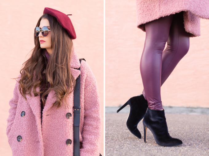 Winter 2019 Lookbook | Raspberry Beret: My Favourite Warm, Comfortable Outfit Formula | Topshop Blush Teddt Coat Styled with a Wool Raspberry Beret, H&M burgundy sweater, Burgundy Joe Fresh Leather Leggings, Velvet Ankle Booties and the Artisan Anything Lara Leather Crossbody In Black (Amazing Chloe Tess Dupe!) | Stylish Winter 2019 Outfit Ideas | Valentine’s Day Outfit Ideas for Cool Climates // Calgary, Alberta, Canada Fashion & Lifestyle Blogger // JustineCelina.com