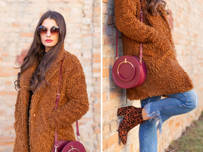 Winter 2019 Lookbook | Teddy Texture: How to Style a Teddy Coat for Mild Winter Weather | Paisie Teddy Coat styled with Kick Flare, Fringe Hem Jeans, Leopard Print TopShop Brooklyn Block Heel Booties and A Burgundy Circular Bag  | Stylish Winter 2019 Outfit Ideas | Cool Girl Winter Outfit Ideas // Calgary, Alberta, Canada Fashion & Lifestyle Blogger // JustineCelina.com