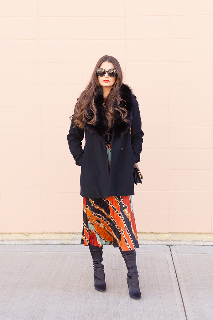 Pattern Play: Chain Print | How to Style Midi Dresses for Winter | How to Style Chain Print | How to Wear Chain Print | The Best Chain Print Dresses | Brunette Girl wearing a chain print midi dress, a black wool coat with vintage fox fur collar, satin boots, black oval sunglasses and a black Gucci Dionysus Small Shoulder Bag | Bohemian Winter Style Ideas | Pantone Spring Summer 2019 Fashion Ideas | Winter Evening Outfit Ideas | Calgary, Alberta, Canada Fashion Blogger // JustineCelina.com