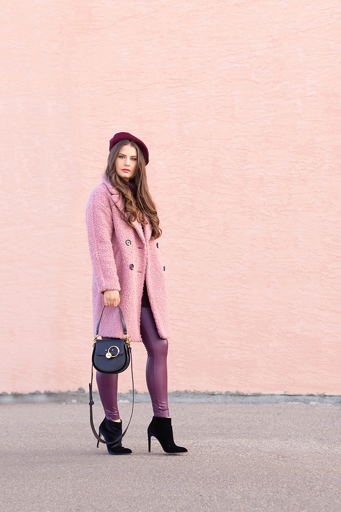 Raspberry Beret: My Favourite Warm, Comfortable Outfit Formula | Topshop Blush Teddy Coat Styled with a Wool Raspberry Beret, H&M burgundy sweater, Burgundy Joe Fresh Leather Leggings, Velvet Ankle Booties and the Artisan Anything Lara Leather Crossbody In Black (Amazing Chloe Tess Dupe!)  | Stylish Winter 2019 Outfit Ideas | Valentine’s Day Outfit Ideas for Cool Climates // Calgary, Alberta, Canada Fashion & Lifestyle Blogger // JustineCelina.com